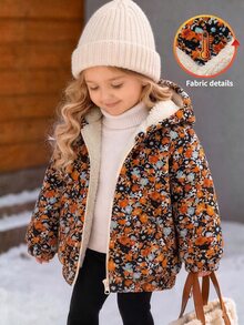 SHEIN 女嬰休閒可愛花卉圖案抓絨連帽外套 - 彩色 - 查看 1