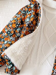 SHEIN 女嬰休閒可愛花卉圖案抓絨連帽外套 - 彩色 - 查看 6