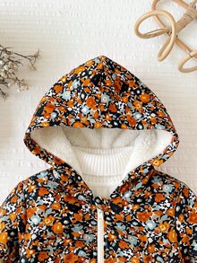 SHEIN 女嬰休閒可愛花卉圖案抓絨連帽外套 - 彩色 - 查看 7