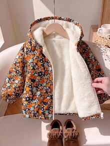 SHEIN 女嬰休閒可愛花卉圖案抓絨連帽外套 - 彩色 - 查看 5