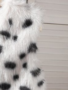 SHEIN 青少年女孩黑白豹紋人造狐狸毛背心外套 抓絨 秋季萬聖節休閒 牛仔女郎風 可愛優雅舒適 派對校園學生款 - 米色 - 查看 4
