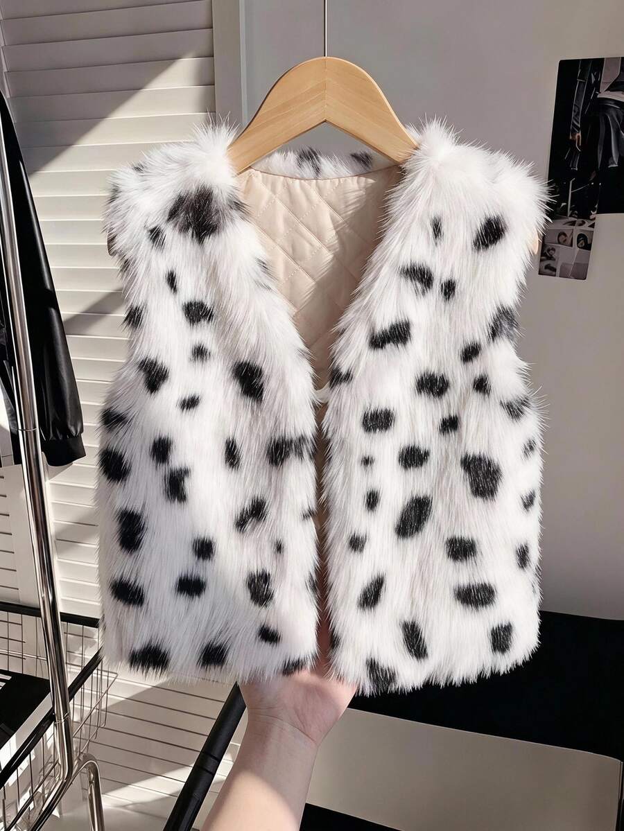 SHEIN 青少年女孩黑白豹紋人造狐狸毛背心外套 抓絨 秋季萬聖節休閒 牛仔女郎風 可愛優雅舒適 派對校園學生款 - 米色 - 查看 1