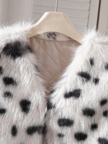 SHEIN 青少年女孩黑白豹紋人造狐狸毛背心外套 抓絨 秋季萬聖節休閒 牛仔女郎風 可愛優雅舒適 派對校園學生款 - 米色 - 查看 5