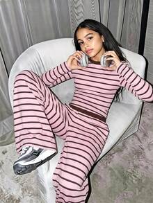 SHEIN Elladie kids (Gadis Remaja) Setelan 2 Potong Lengan Pendek Bergaris & Celana Panjang, Pakaian Musim Gugur, Atasan Musim Gugur, Musim Gugur, Pakaian Liburan - Berwarna merah muda - View 1