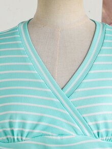 Tween Girls' Fashion Casual Y2K Ribbed Lace Trim Deep V-Neck Slim Fit Long Sleeve T-Shirt, Autumn Daily Back To School Ribbed Knit Top - Green - View 7