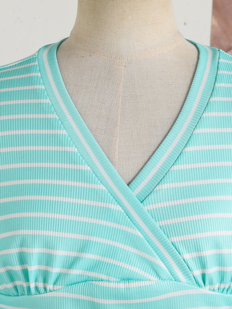 Tween Girls' Fashion Casual Y2K Ribbed Lace Trim Deep V-Neck Slim Fit Long Sleeve T-Shirt, Autumn Daily Back To School Ribbed Knit Top - Green - View 7