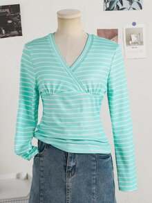 Tween Girls' Fashion Casual Y2K Ribbed Lace Trim Deep V-Neck Slim Fit Long Sleeve T-Shirt, Autumn Daily Back To School Ribbed Knit Top - Green - View 4