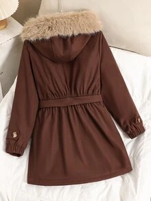 SHEIN 少女長袖抓絨甜酷秋冬加厚保暖內裡3D時尚優雅精緻極簡毛領絨毛長大衣 - 咖啡棕 - 查看 2