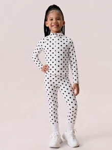 SHEIN 女童黑色印花夾克外套與長褲套裝，柔軟彈性面料，適合戶外活動、日常休閒運動穿著，兒童秋季套裝 - 白色 - 查看 6