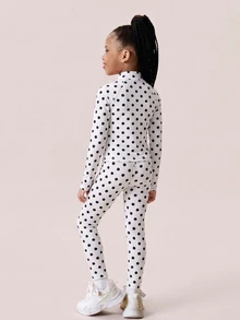 SHEIN 女童黑色印花夾克外套與長褲套裝，柔軟彈性面料，適合戶外活動、日常休閒運動穿著，兒童秋季套裝 - 白色 - 查看 4
