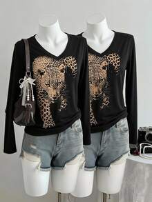 SHEIN Sparklyn Black Casual Long-Sleeve For Tween Girls, Fall Tops, Featuring A Leopard Print On The Front. Sweet And Edgy Style - Black - View 1