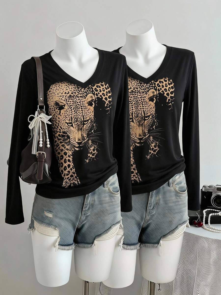SHEIN Sparklyn Black Casual Long-Sleeve For Tween Girls, Fall Tops, Featuring A Leopard Print On The Front. Sweet And Edgy Style - Black - View 1