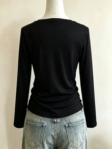 SHEIN Sparklyn Black Casual Long-Sleeve For Tween Girls, Fall Tops, Featuring A Leopard Print On The Front. Sweet And Edgy Style - Black - View 2