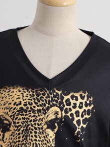SHEIN Sparklyn Black Casual Long-Sleeve For Tween Girls, Fall Tops, Featuring A Leopard Print On The Front. Sweet And Edgy Style - Black - View 3