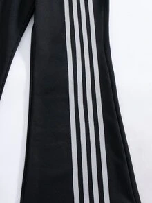 SHEIN 青少年女孩側邊條紋抽繩腰休閒喇叭運動長褲 - 黑色 - 查看 3