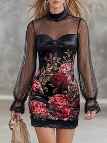 LUMIGAL Spring/Autumn New Style Date Vacation Party Small Stand Collar Lace Patchwork Printed Short Women's Dress - Black - View 6