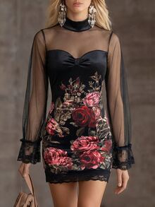 LUMIGAL Spring/Autumn New Style Date Vacation Party Small Stand Collar Lace Patchwork Printed Short Women's Dress - Black - View 8