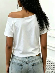 Rovax Women's Solid Color Asymmetric Shoulder Casual Everyday T-Shirt - White - View 2
