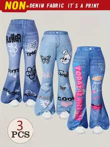 SHEIN Elladie kids 3件組女孩時尚數位印花修身喇叭牛仔印花長褲，適合秋季日常穿著與休閒外出 - 彩色 - 查看 6