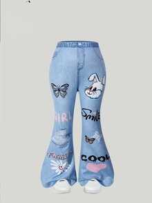 SHEIN Elladie kids 3件組女孩時尚數位印花修身喇叭牛仔印花長褲，適合秋季日常穿著與休閒外出 - 彩色 - 查看 4