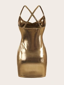 SHEIN ICON Vestido De Tubo Mini Con Cuerpo Ajustado, Cuello Drapeado Y Pecho Cruzado - Dorado - Ver 2