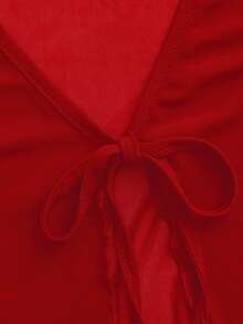 SHEIN ICON Tie Front Lettuce Trim Trumpet Sleeve Mesh Top - Red - View 4