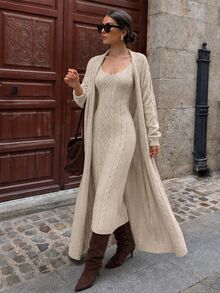 CLARA VERO Cable Knit Cami Maxi Dress Cardigan Set, Slim Fit, Art Gatherings, Strappy Dress, Long Cardigan - Beige - View 1