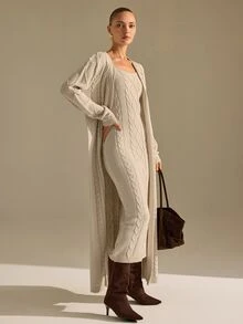 CLARA VERO Cable Knit Cami Maxi Dress Cardigan Set, Slim Fit, Art Gatherings, Strappy Dress, Long Cardigan - Beige - View 4