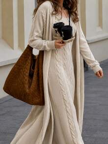 CLARA VERO Cable Knit Cami Maxi Dress Cardigan Set, Slim Fit, Art Gatherings, Strappy Dress, Long Cardigan - Beige - View 8