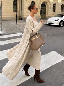 CLARA VERO Cable Knit Cami Maxi Dress Cardigan Set, Slim Fit, Art Gatherings, Strappy Dress, Long Cardigan - Beige - View 7