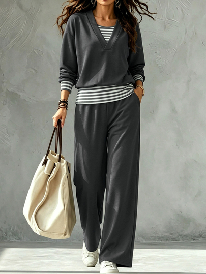 Zayélia Middle-Aged Women's Patchwork Striped 2 In 1 T-Shirt And Pants Sports Casual Normal Set Dates White Autumn