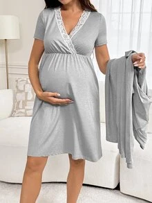 Slowluna 孕婦蕾絲拼接哺乳洋裝附長袖開襟衫 2件套 - 灰色 - 查看 5