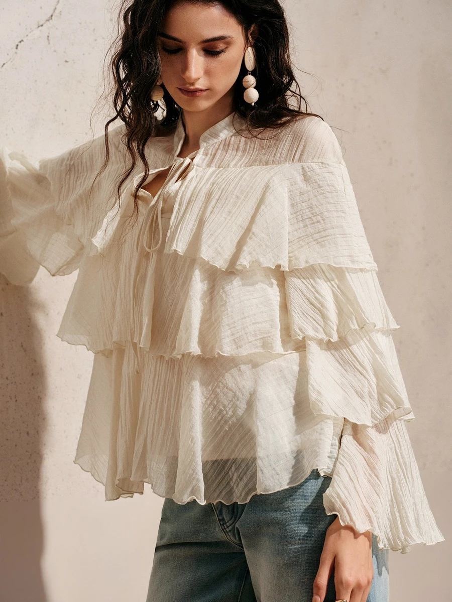 BELROSIE Off-White Elegant Boho Romantic Chic Chiffon Blouse, Autumn Tea Party Vacation Ruffled Collar And Tie, Loose Fit Versatile Crinkle Texture Minimalist