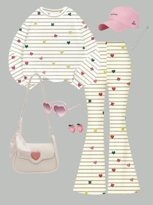 Tween Girls Striped Bow Decor 2-Piece Outfit, Waffle Knit Long Sleeve Top & Ribbed Flare Pants Set - Multicolor - View 3