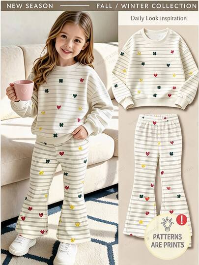 Young Girls Minimalist Sweatshirt Co-Ords,Beige Stripes,Toddler Girls Striped Heart Long Sleeve Tops & Flare Pants Set
