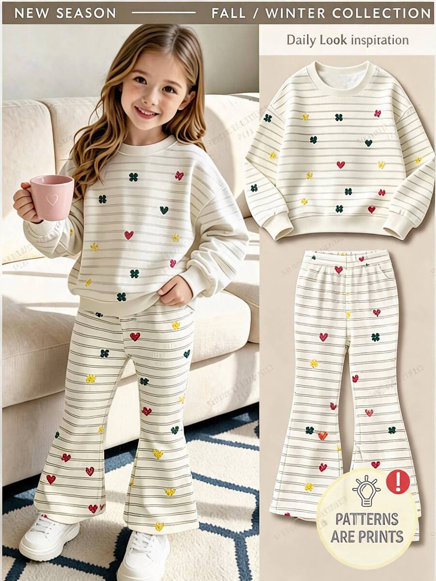 Tween Girls Striped Bow Decor 2-Piece Outfit, Waffle Knit Long Sleeve Top & Ribbed Flare Pants Set - Multicolor - View 1
