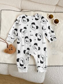 SHEIN Playful Pals 1件男嬰可愛考拉與星星滿版印花圓領肩扣長袖連身衣，適合拍照、日常穿著，春秋款 - 黑與白 - 查看 2