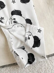 SHEIN Playful Pals 1件男嬰可愛考拉與星星滿版印花圓領肩扣長袖連身衣，適合拍照、日常穿著，春秋款 - 黑與白 - 查看 4