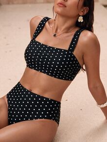 Swim Mod Conjunto de bikini de 2 piezas con parte superior de tirantes y shorts de cintura alta con estampado de color aleatorio para mujer, ideal para vacaciones en la playa - Multicolor - Ver 4