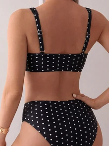 Swim Mod Conjunto de bikini de 2 piezas con parte superior de tirantes y shorts de cintura alta con estampado de color aleatorio para mujer, ideal para vacaciones en la playa - Multicolor - Ver 2
