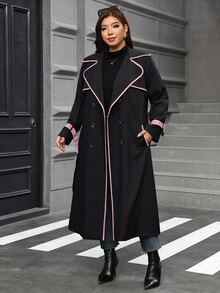 Reflora Plus Size Fashion Striped Colorblock Button Pocket Trench Coat Fall - Black - View 6