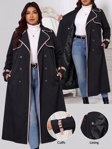 Reflora Plus Size Fashion Striped Colorblock Button Pocket Trench Coat Fall - Black - View 10