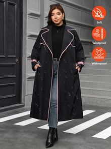Reflora Plus Size Fashion Striped Colorblock Button Pocket Trench Coat Fall - Black - View 5