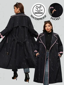 Reflora Plus Size Fashion Striped Colorblock Button Pocket Trench Coat Fall - Black - View 1
