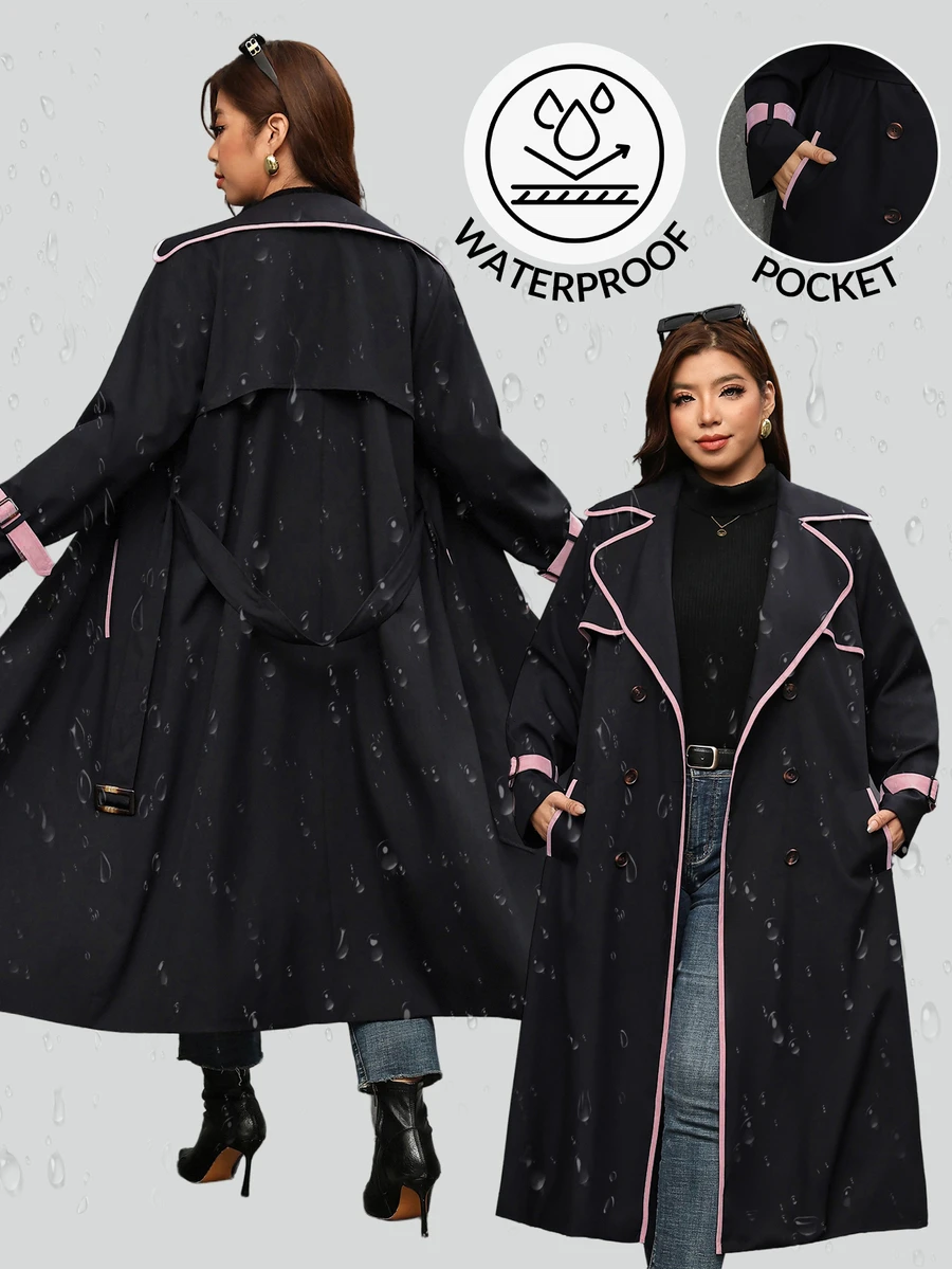 Reflora Plus Size Fashion Striped Colorblock Button Pocket Trench Coat Fall - Black - View 1