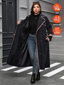 Reflora Plus Size Fashion Striped Colorblock Button Pocket Trench Coat Fall - Black - View 3