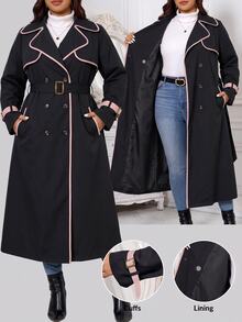 Reflora Plus Size Fashion Striped Colorblock Button Pocket Trench Coat Fall - Black - View 9