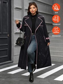 Reflora Plus Size Fashion Striped Colorblock Button Pocket Trench Coat Fall - Black - View 8