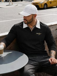 EASEVO Men's Plus Size Letter Print Button Half Placket Long Sleeve Polo Shirt, Big And Tall Men Pullover Top - Black - View 2