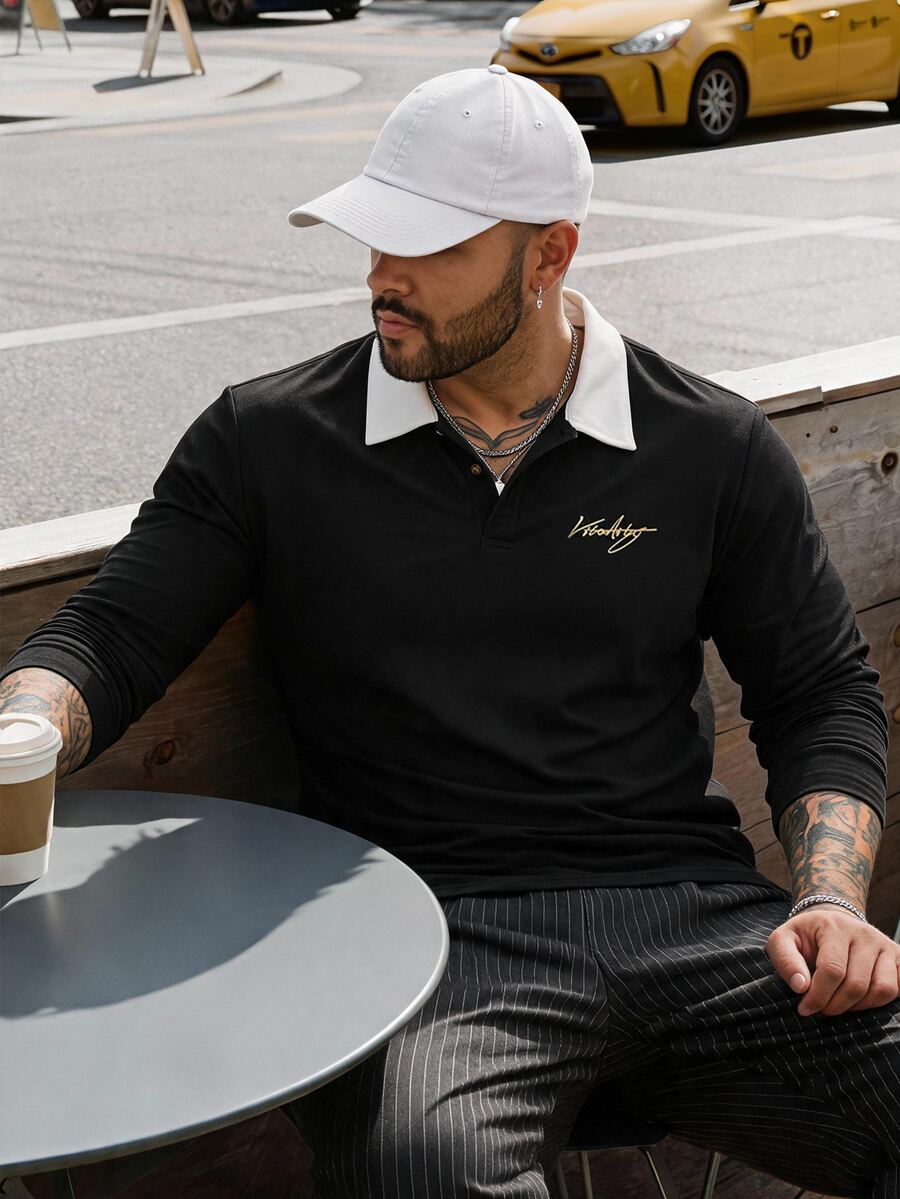 EASEVO Men's Plus Size Letter Print Button Half-Placket Long Sleeve Polo Shirt Big And Tall Men.Men Plus Size,Plus Size Men,Halloween Winter Party Autumn - Black - View 1